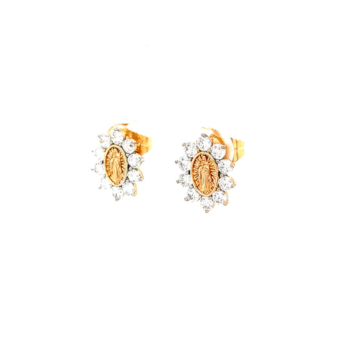 Introducing the stunning Virgin Mary Stud Earrings, featuring a circular center filled with 14k rose gold and adorned with an intricate design. These earrings are beautifully surrounded by sparkling zirconia stones arranged in a floral pattern, and they boast a shiny, polished finish.